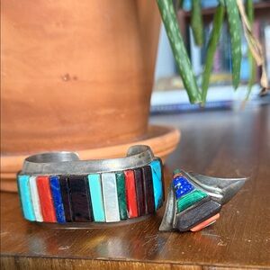 Rare! Antique Native American artist SIGNED Inlay Cuff Bracelet / Ring Set HEAVY